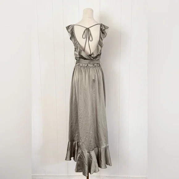 Show Me Your Mumu Samantha Ruffle Wrap Dress Moss Green Luxe Satin Large - Picture 5 of 9